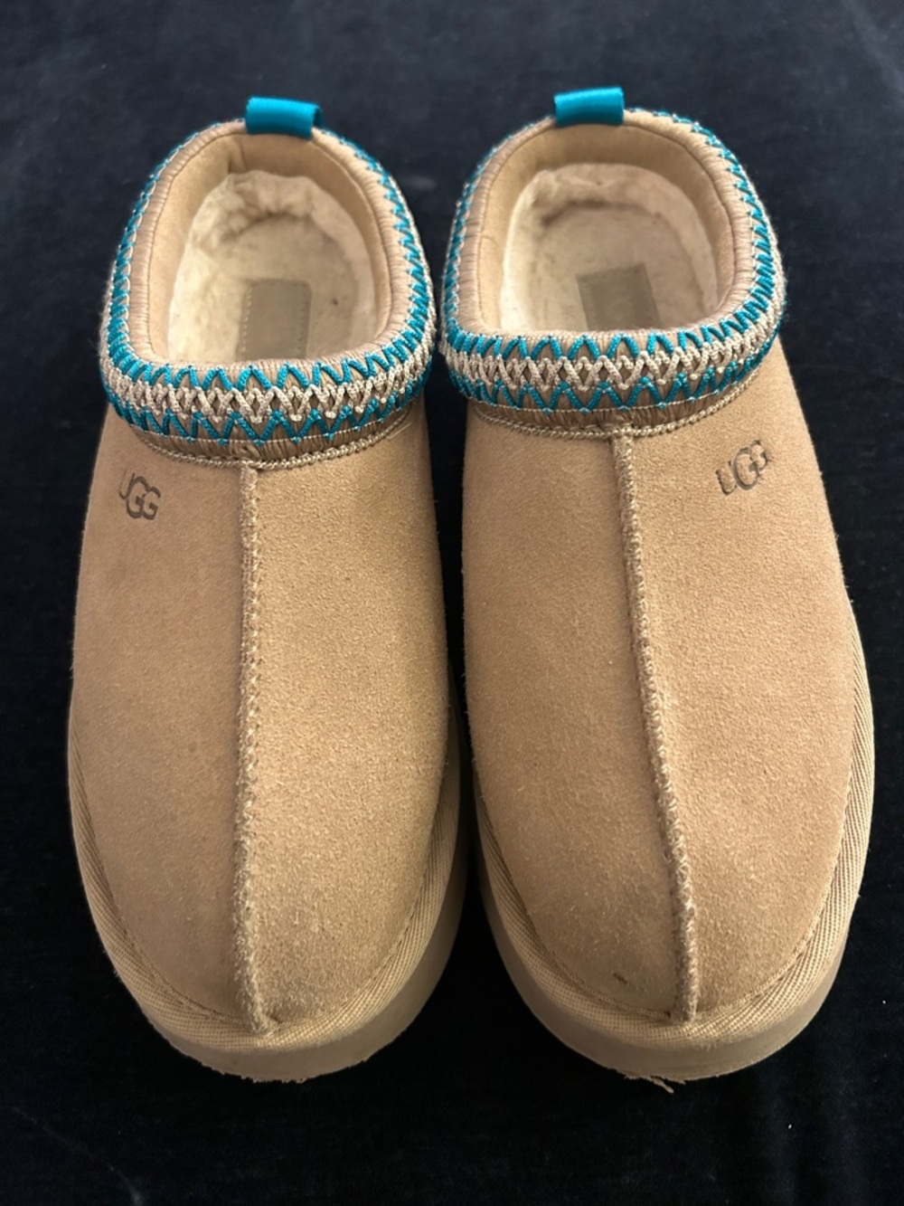 UGG Platform Tasman Suede Slippers with Teal Trim